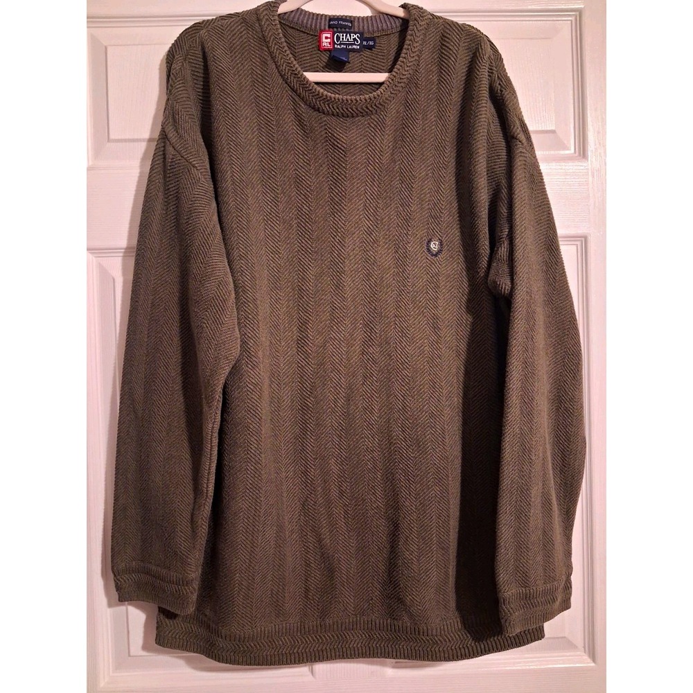 Vintage 90s Ralph Lauren Mens Chaps XL Herringbone 100% Cotton Sweater Olive Grn